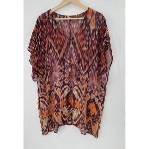Cabi Sheer Tunic Blouse Orange Purple Ikat Boho Short Sleeve Kimono Chiffon Flaw